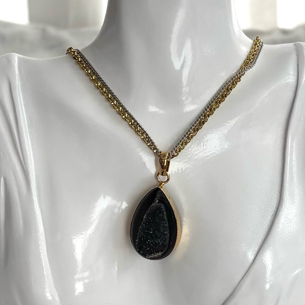 Black Drusy Quartz 14k antique gold plated pendant long necklace
